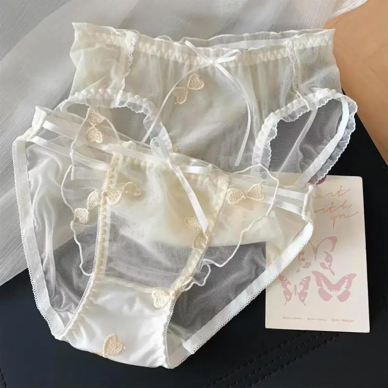 Women Mesh Transparent Ribbons Ruffle Embroidery Sexy Underwear Cute Lovely Sweety Panties Apricot Princess Style Breifs