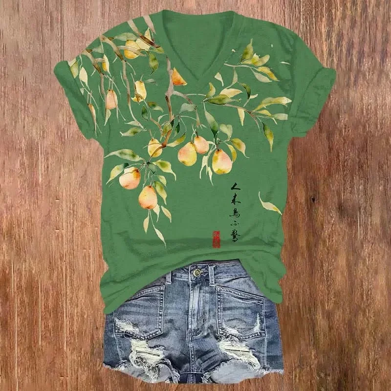 Japanese Vintage Pear Tree Art Print V-neck T-shirt Summer Women's T Shirts