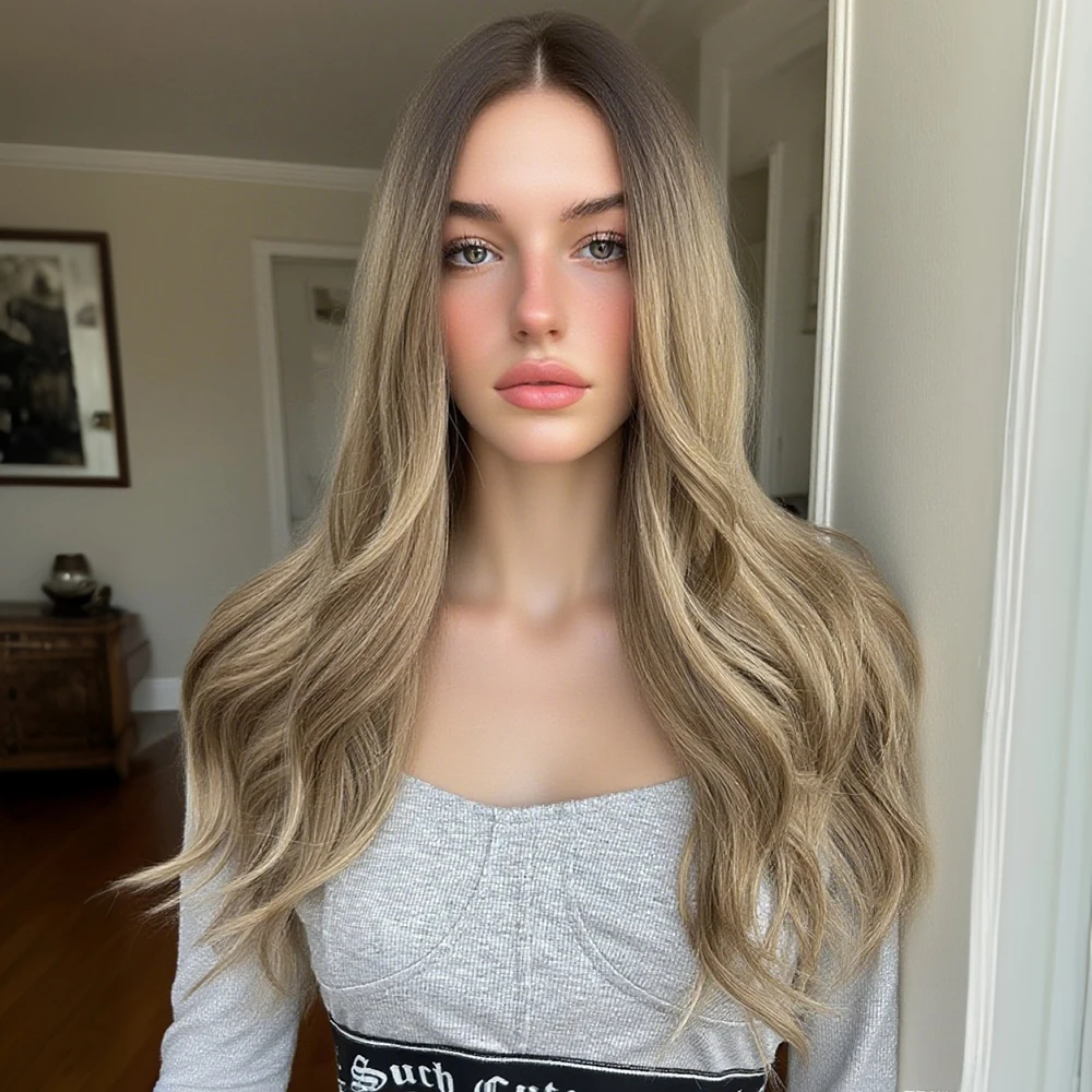 

24-дюймовый золотой и коричневый парик с объемной волной — синтетический парик высокой плотности, челка и корни, подходит для женщин — идеально подходит для повседневного ношения,