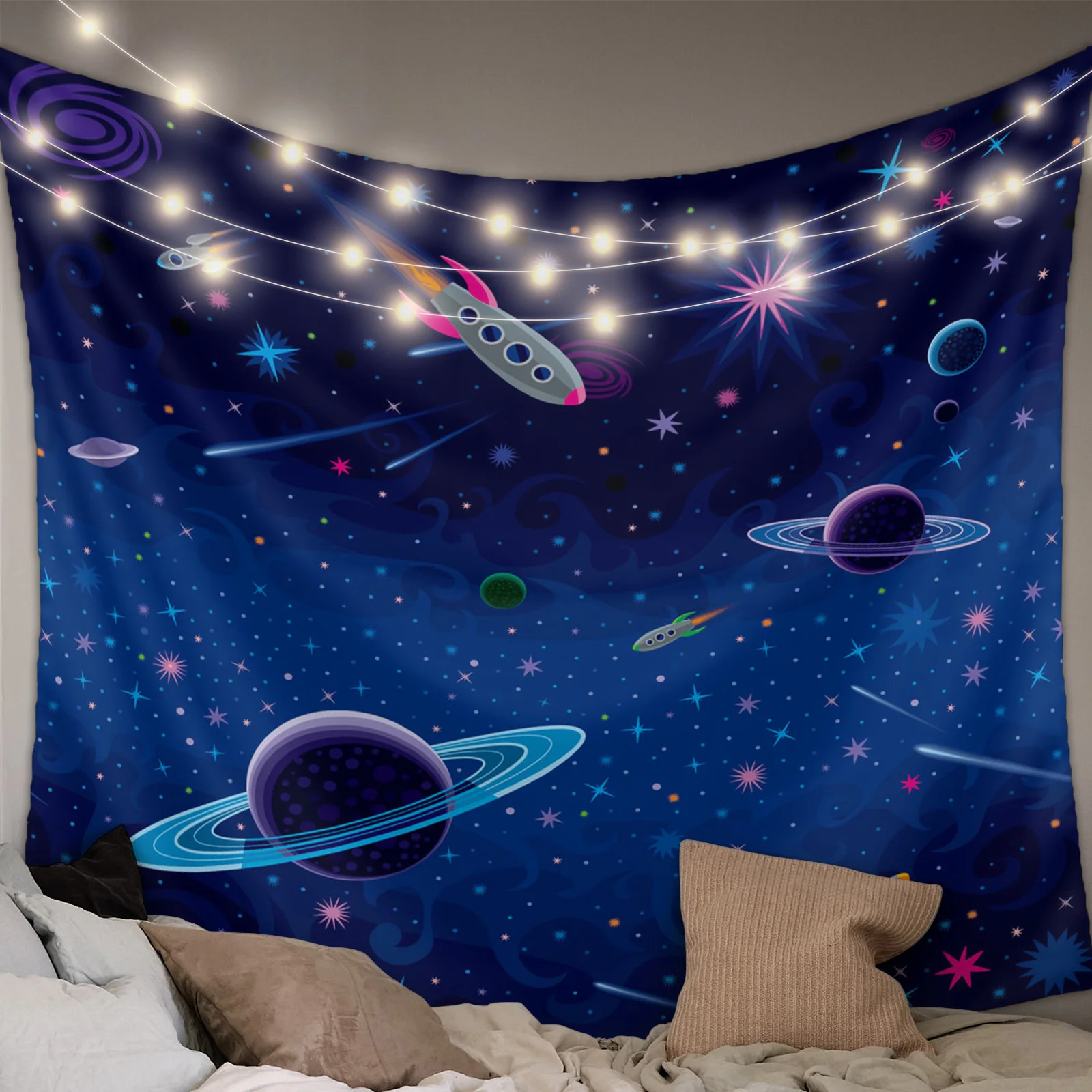 Outer Space Rocket Planet Printed Large Tapestry Hippie Wall Hanging Boho Tapestries Room Art Decor Aesthetic Mats Sheet Blanket