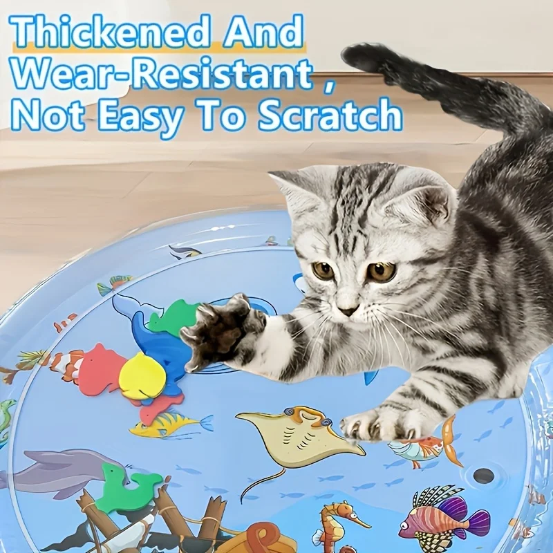 Interactive Cat Water Play Mat Inflatable Splash Pad Ocean Fish Theme Sensory PVC Crawling ของเล่นสําหรับแมวทนทานสัตว์เลี้ยงกิจกรรม Pad