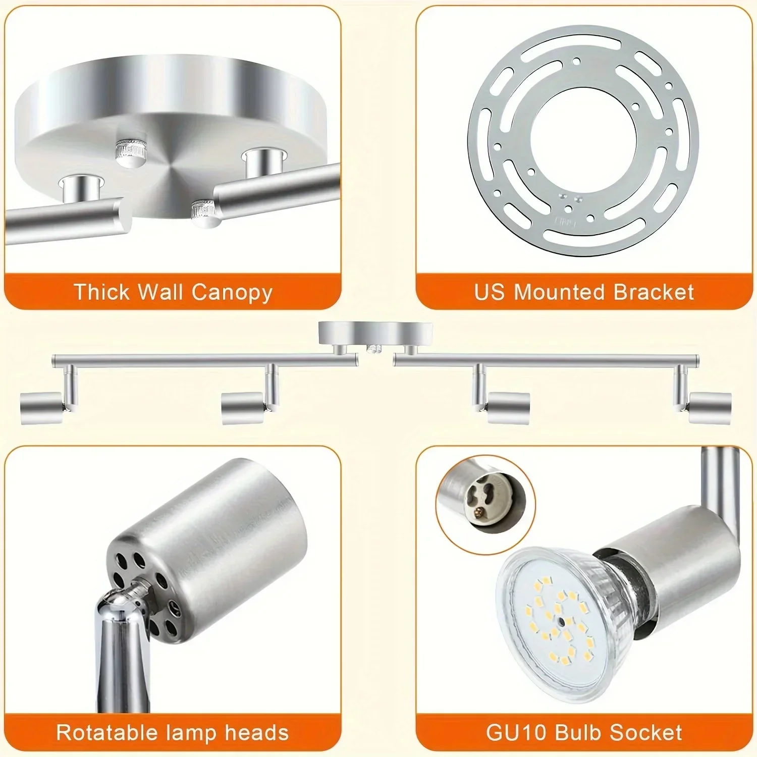 Регулируемый Трековый светильник, набор для потолочного светильника с 4 головками, складной потолочный светильник GU10, хромированный Точечный светильник, осветительный прибор