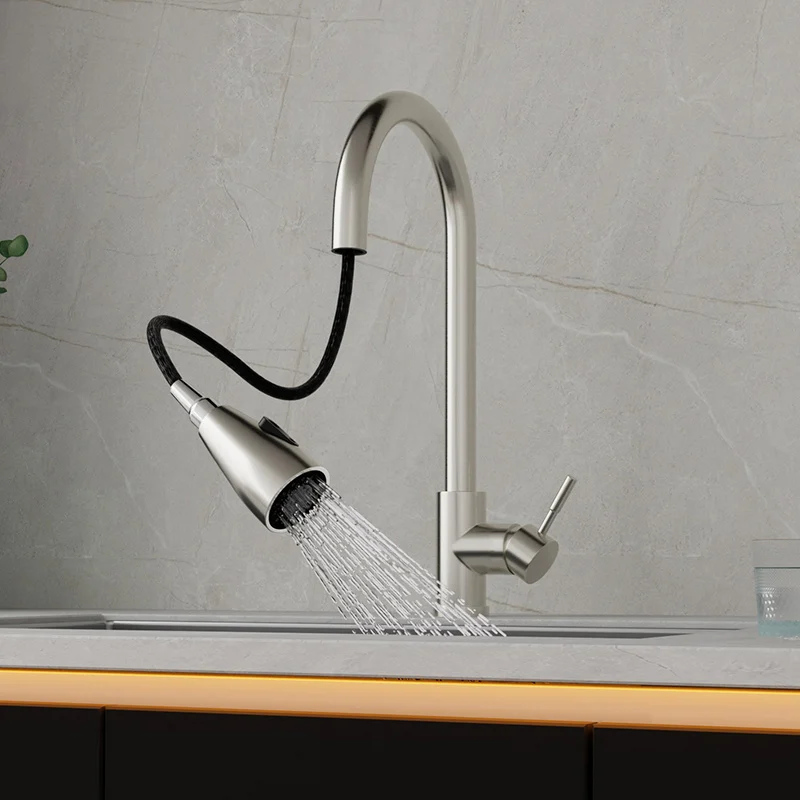 Black Kitchen Faucet Flexible Pull Out 2 Modes Nozzle Hot Cold Water Mixer Tap Deck Mounted Sprayer and Stream SUS 304 Faucets