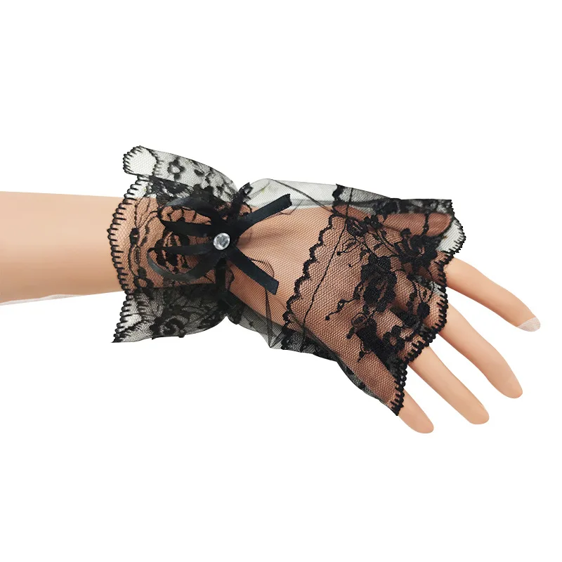 

Halloween Black Gloves Short Lace Lace Bow Drill Lolita Anime Costume Mori Mesh Sleeves Wedding Gloves for Bride