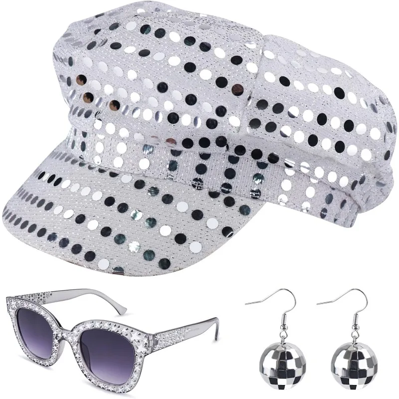 Ensemble d'accessoires de Costume Disco des années 70 pour femmes, boucles d'oreilles Disco des années 80, chapeau à paillettes, lunettes de soleil, accessoires de spectacle sur scène, fête d'halloween, 3 pièces