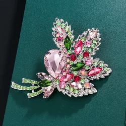 Pink Crystal Flower Brooch Rhinestone Pin Big New Elegant Romantic Wedding Bride Large Brooches For Woman Bridesmaid Jewelry