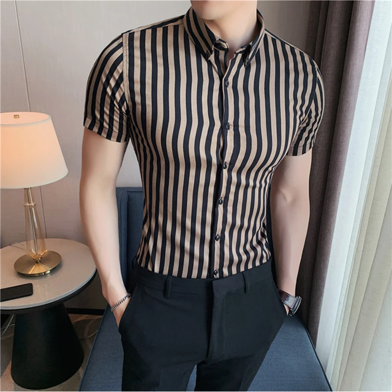 

High Quality Summer Striped Shirt for Men Short Sleeved Slim Fit Casual Shirts Fashion Business Social Dress Shirts Men Clothing