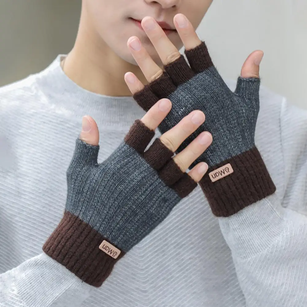 Contrast Color Gloves Simple Design Typing Gloves Plush Half Finger Gloves for Fall Winter Windproof Warm Writing Typing Student