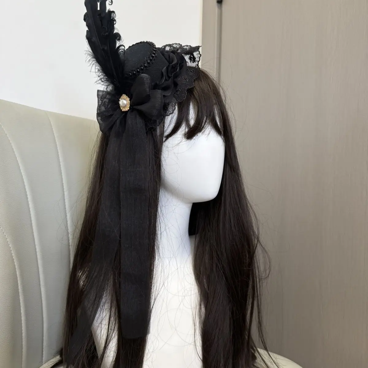 Feather Black Mini Top Hat, Lolita Handmade Original Accessories, Detachable Feather Headwear Fascinator Hats for Woman