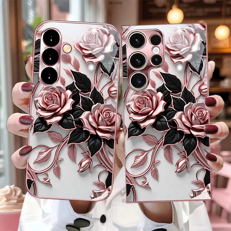 Blush Metal Rose Electroplated Pink Phone Case For Samsung Galaxy S26 Ultra S25 Edge S24 FE S23 Plus S22 S21 S25FE Glass Cover