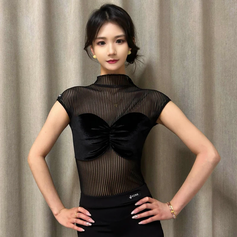 Letnie kobiece siatkowe topy do tańca latynoskiego z krótkim rękawem topy do tańca towarzyskiego damskie Samba Rumba latynoskie topy do ćwiczeń tanecznych SL12912