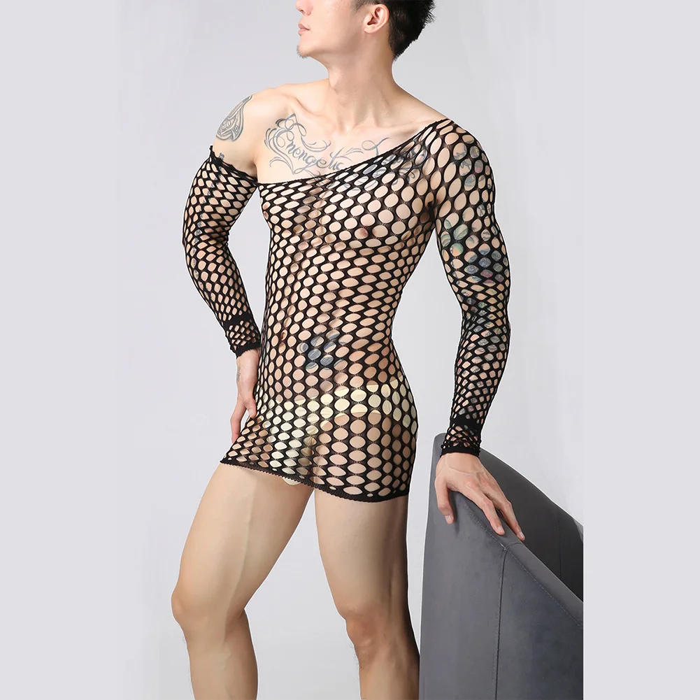 Männer Fishnet Kleid Erotische Dessous Langarm Kleider Aushöhlen Durchsichtige Weiche Schlaf Party Club Schnell Trocknend Weiche Erotische hombre