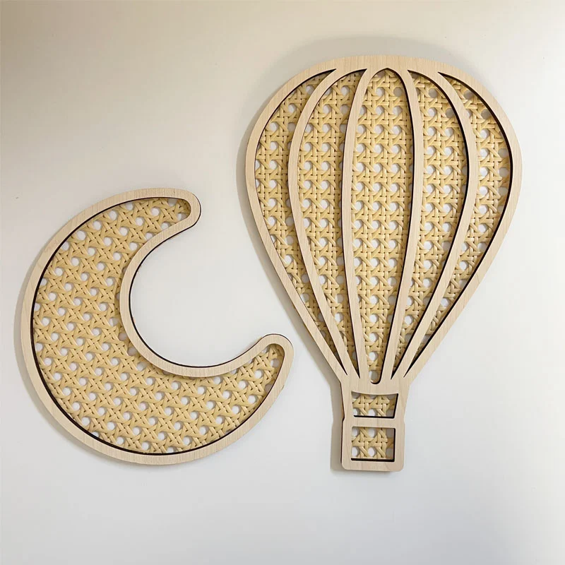 INS Rattan Woven Wall Ornaments Wooden Rattan Rainbow Hot Air Balloon Moon Star Wall Stickers For Kids Room Wall Decoration