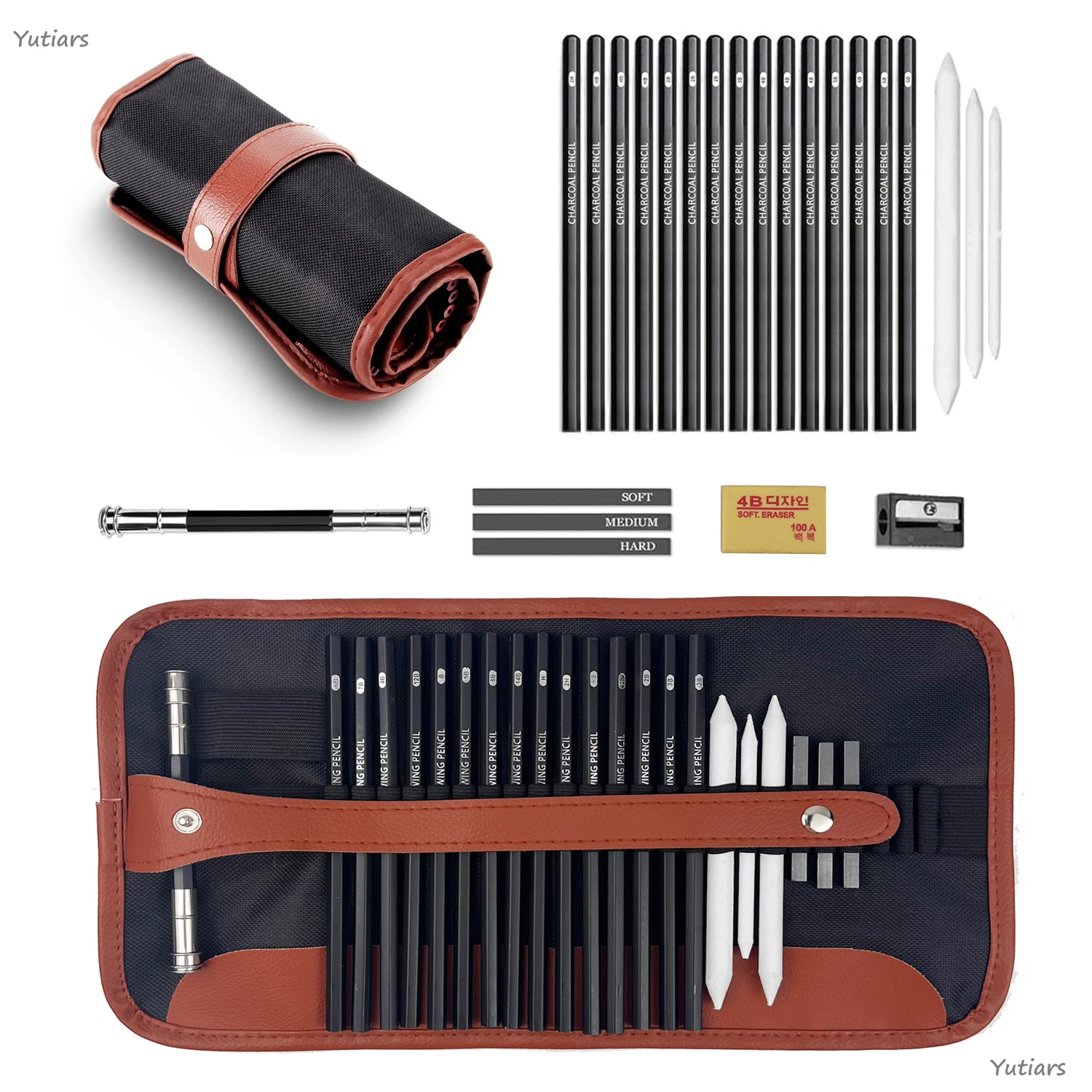 

Набор профессиональных карандашей для рисования и скетчинга: графитовые, угольные, для растушевки, с клямкерой (25 предметов для художественных работ)