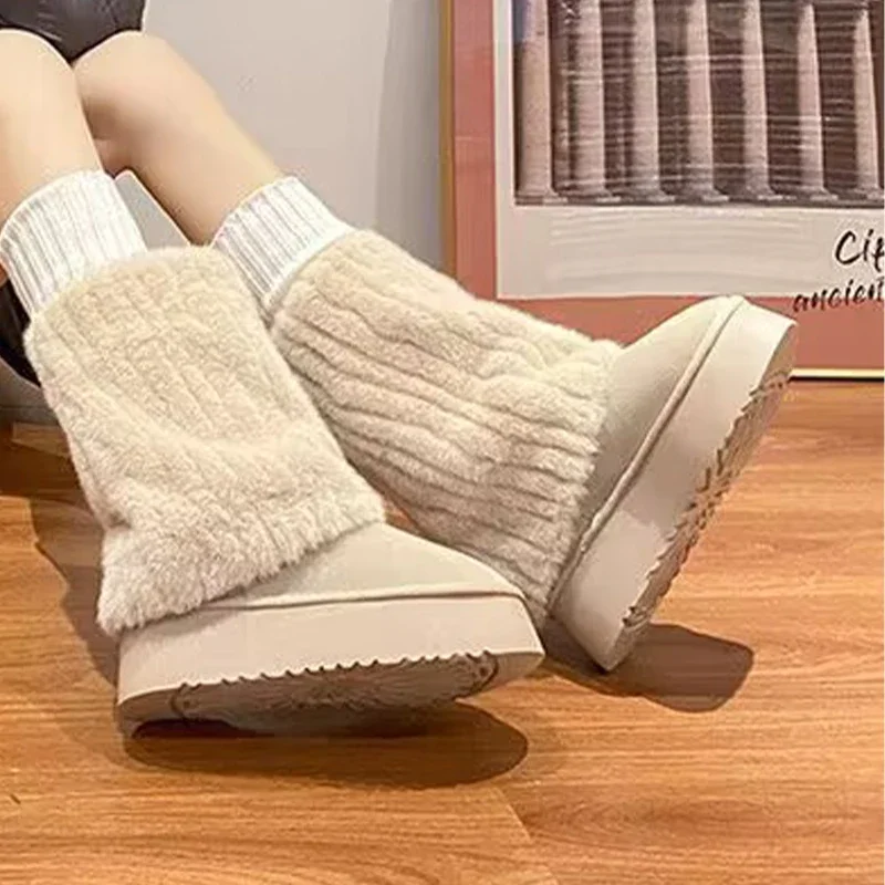 Fur Women Mid Calf Snow Boots Flats Platform Suede Warm Shoes 2025 Trend Short Plush Winter Woman Boots Casual Sport Botas Mujer