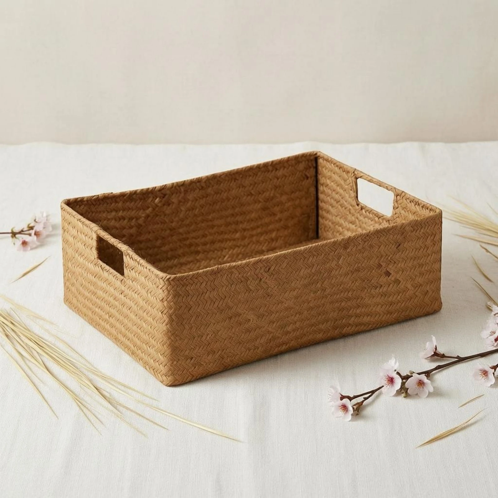 3 Pieces Seagrass Storage Basket Space-Saving Rectangular Woven Basket Household Organizer Decorative for Shelves
