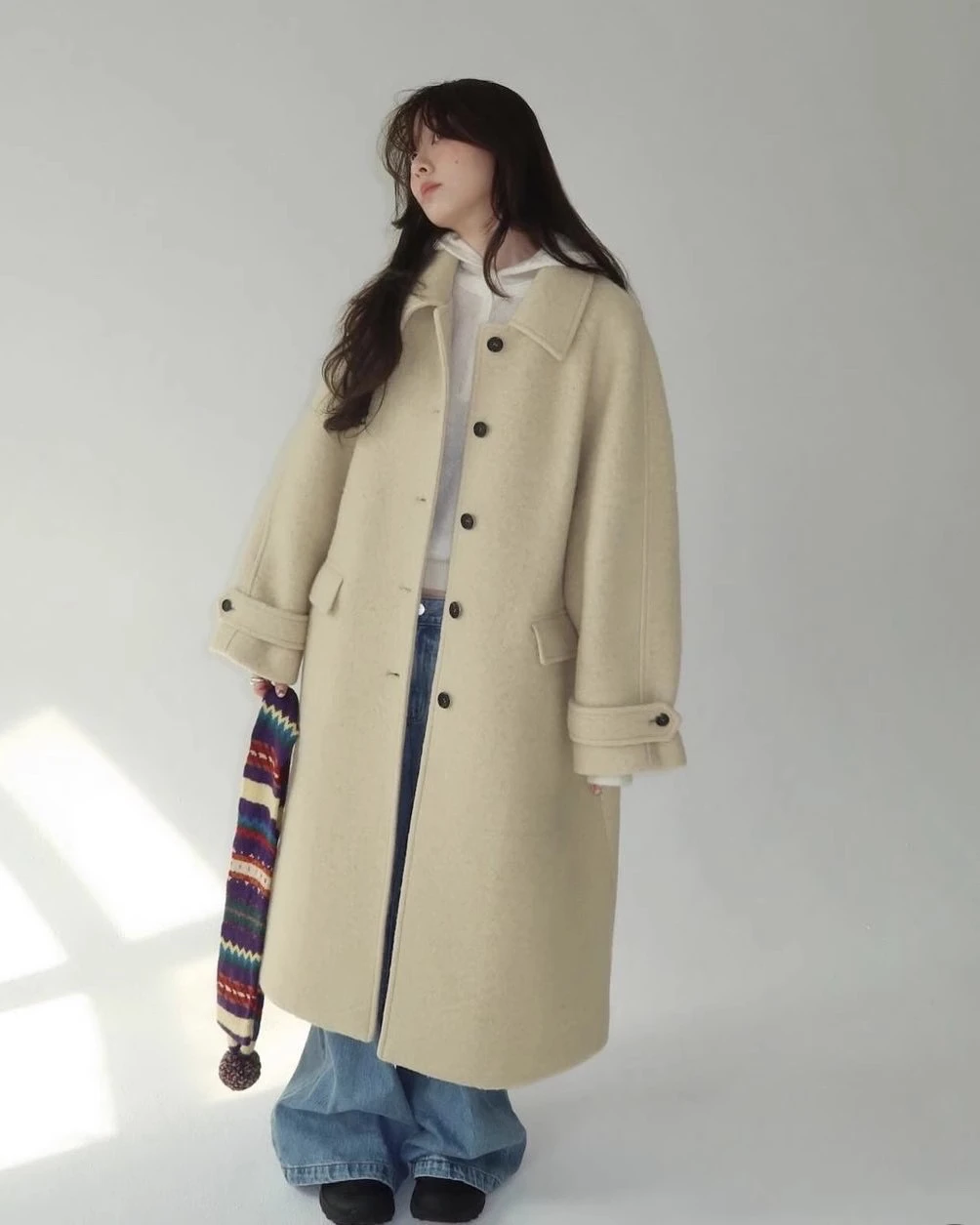 

Ele Long Woolen Coat Single Button Design in Beige Color for Autumn Winter Straight Cut Sle Comfortable Fit Pure Color