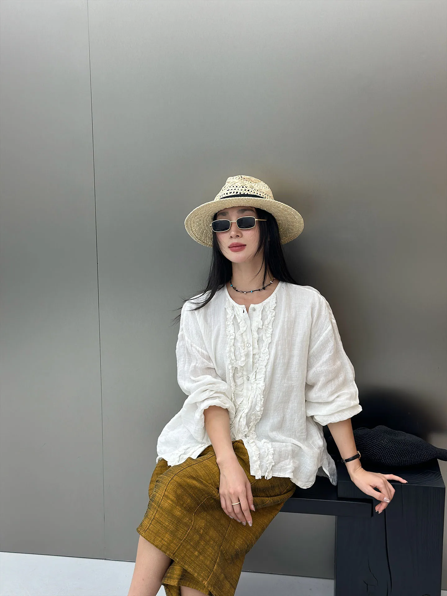 

BodhlCat Linen Shirt Women's Loose Casual Style Spring New Breathable Long Sleeve round Neck Button up Pure Color Fashion
