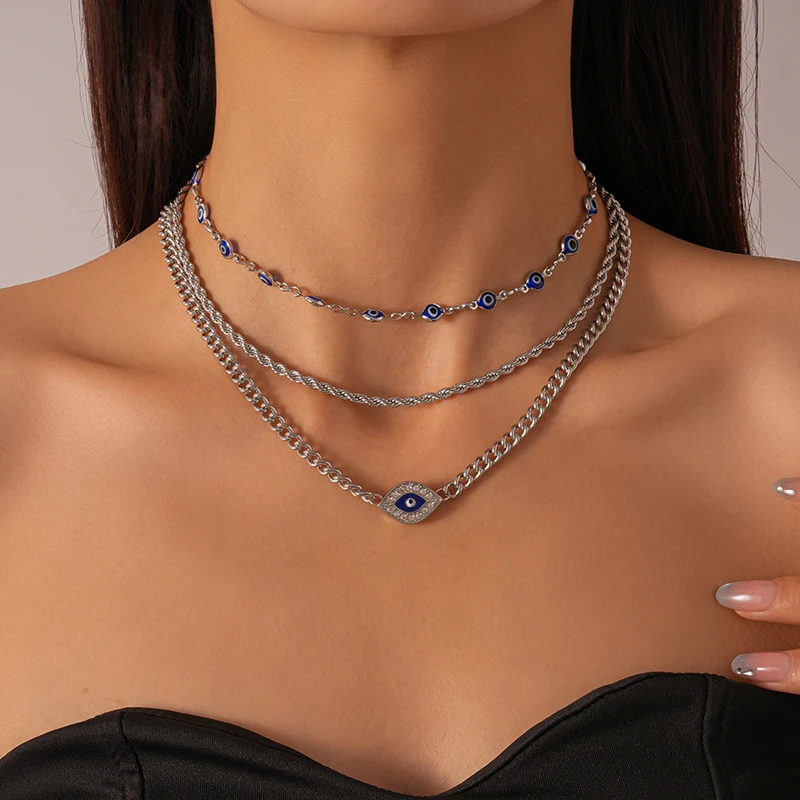 3-Piece Set Euro-US Cross-Border Diamond-Inlaid Oil-Dripped Geometric Eye Necklaces - Light Luxury Niche Unique High-End Vintage