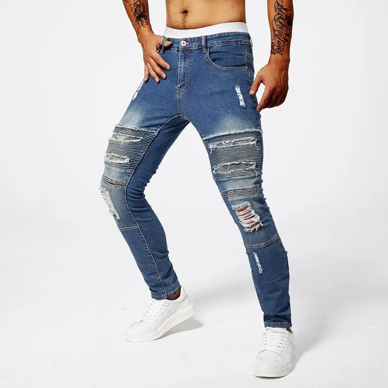 2024 New Summer Jeans Male Fashion Designer Breaking Hole Trendy Slim Fit Retro Motorcycle Fold Casual Bike Ripped Denim Pants