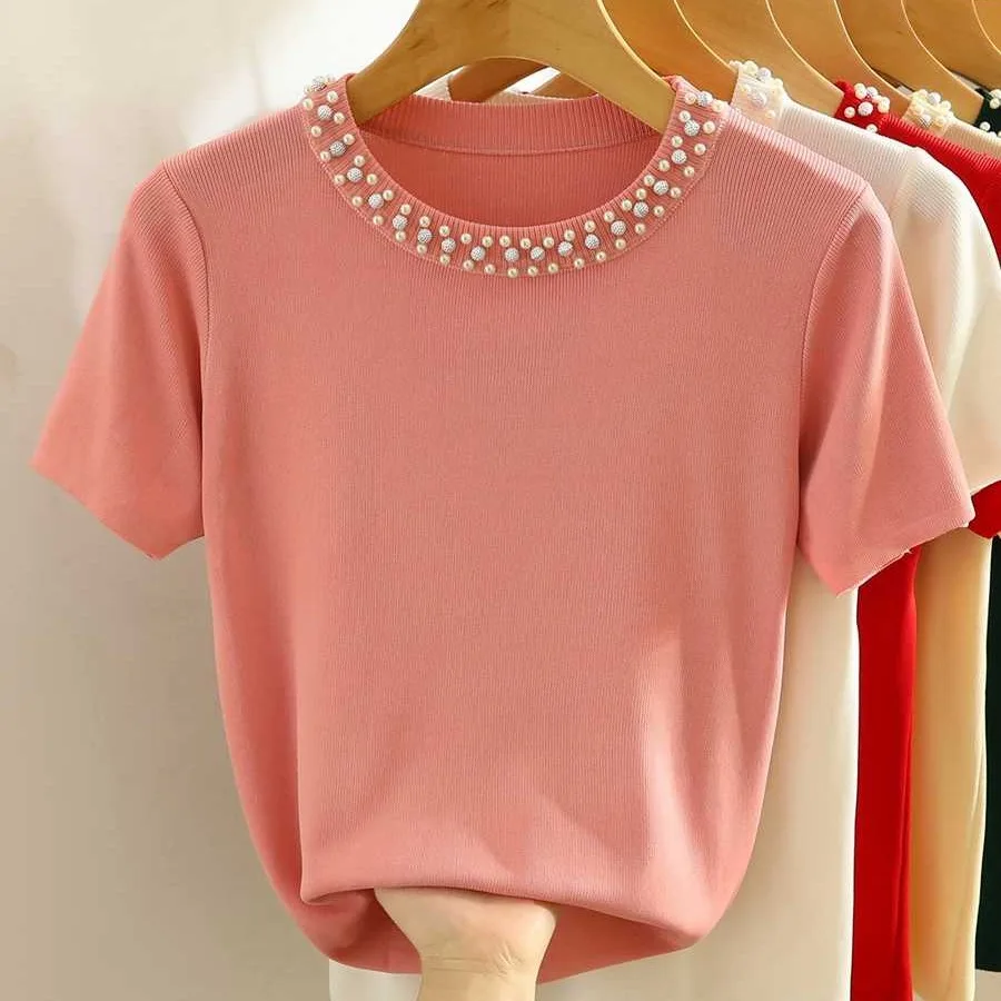 Knitted Sweater Women Pullovers New Short Sleeve O-Neck Beading Knit Sweater Pullover Women Tops Sweaters Sueters De Mujer Q1291