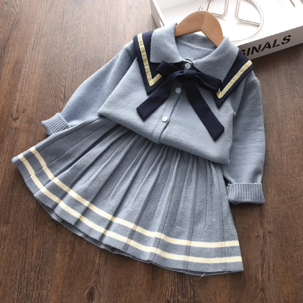 Collar Bow Knit Cardigan Set for Winter Long Sleeved Collar Bow Sweater+pleated Skirt Sets Student Clothing Girls Clothes