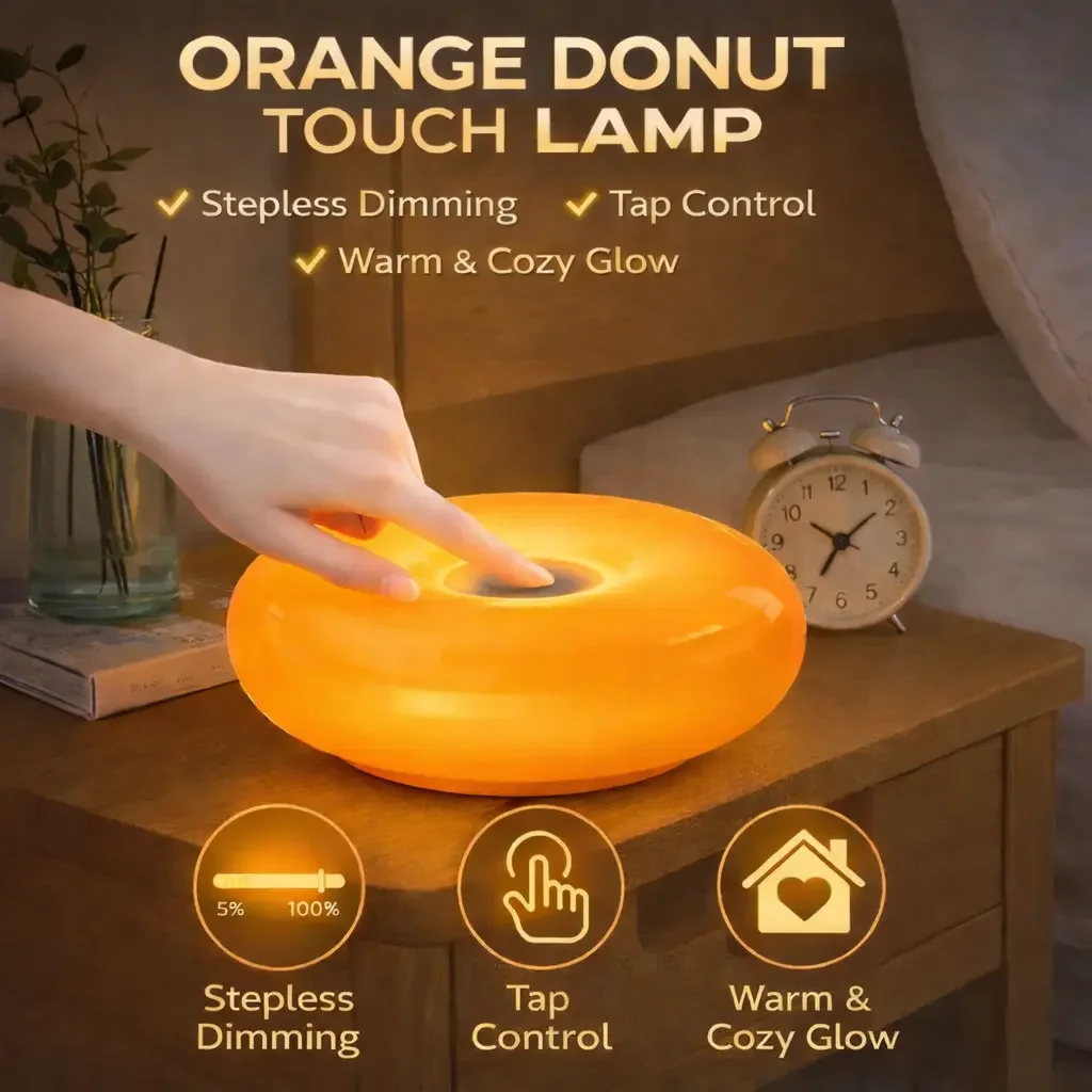 Donut Lamp,Rechargeable Bedside Lamp Or Wall Sconces,Creative Orange Donut Atmosphere Lamps with Plastic Shade,Retro-Modern Table Light,3-Color Dimmable Nightstand Lamp for Bedroom and Desk, Aesthetic Home Decor & Gifts