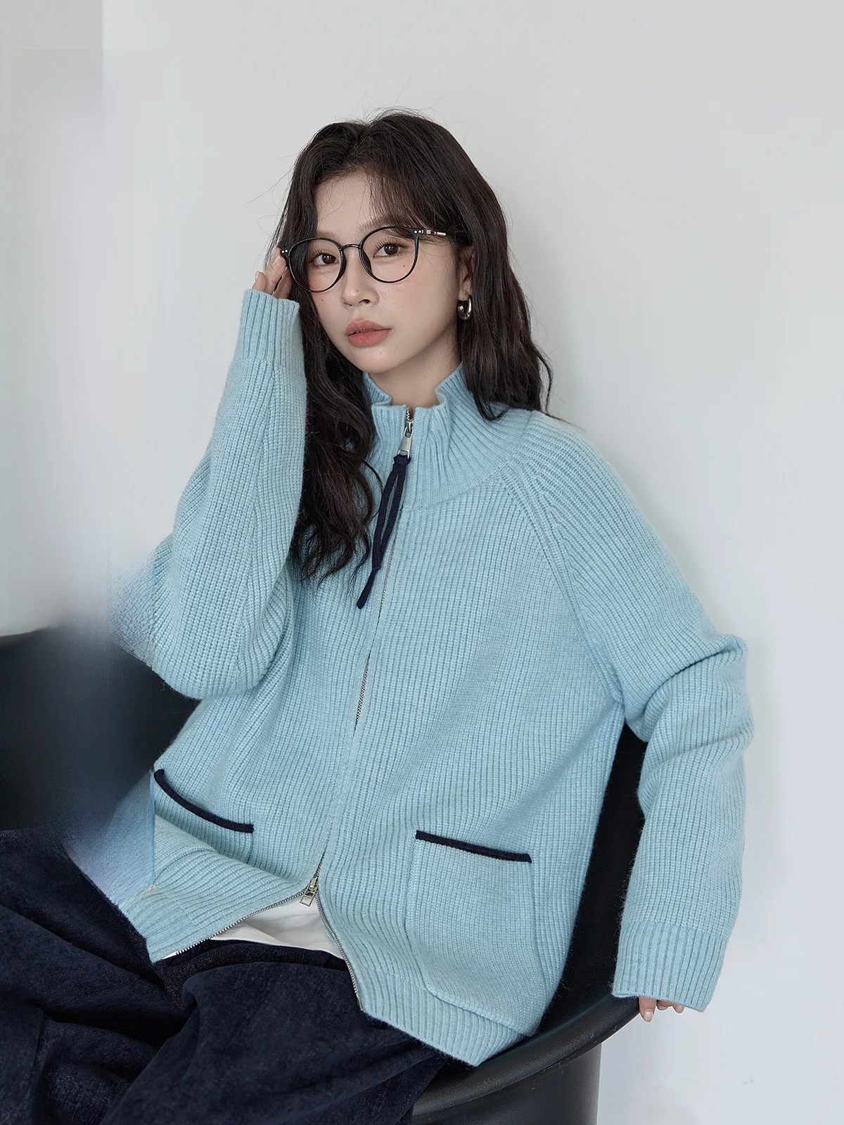 

Синий вязаный открытый кардиган с двойной молнией, женский модный утягивающий топ, повседневный свободный крой, длинный све, круглый дизайн Ne