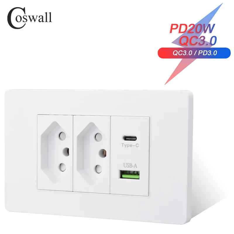 Coswall 118*72mm weiß PC-Panel Brasilien Standard 20a Wand steckdose pd 3.0 20w Typ-C Dual-USB-Schnell lades teckdose