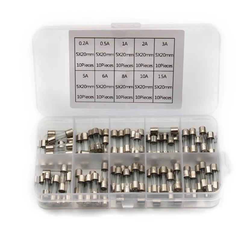 100szt 5x20mm Szybki zestaw bezpieczników szklanych 0.25A 0.3A 0.5A 0.75A 1A 2A 3A 4A 5A 6A 8A 10 15 20A Bezpieczniki szklane