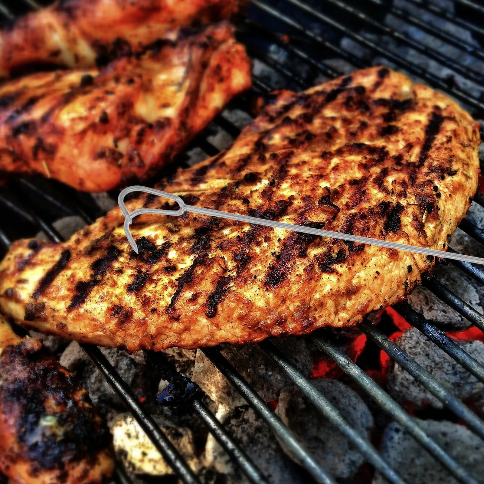 

Camping Bbq Meat Flipper Long Handle Double Hook Stainless Steel Wood Handle for Outdoor Grill Food Turner Bbq Steak Hook