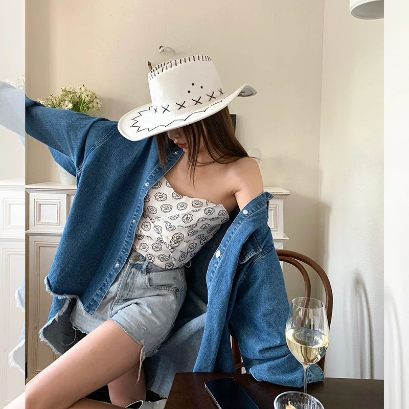

Oversize Lazy Feelings Denim irt Jaet Women's Spring New Arrival YUM STAR Commute Sle Long Sve Regular Thin