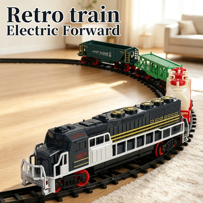 Retro Electric Train DIY Assemble Railway Track with Locomotive Engine and Freight Carriages Collection Toy Kid Christmas Gifts
