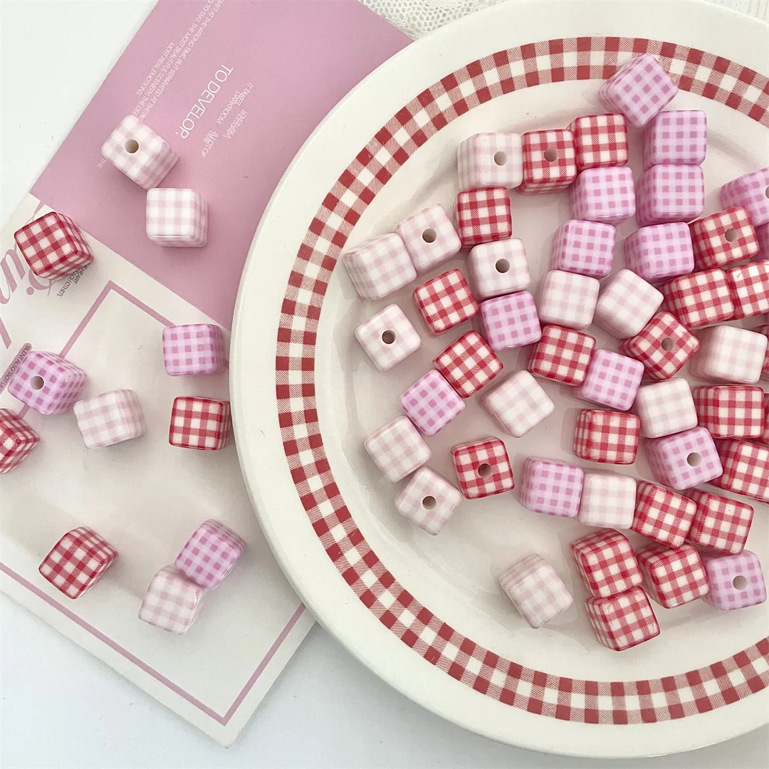 10PCS 14x14mm Acrylic Versatile Colorful Square Plaid Beads Phone Strap Stringing DIY Handmade Accessories Material Kit