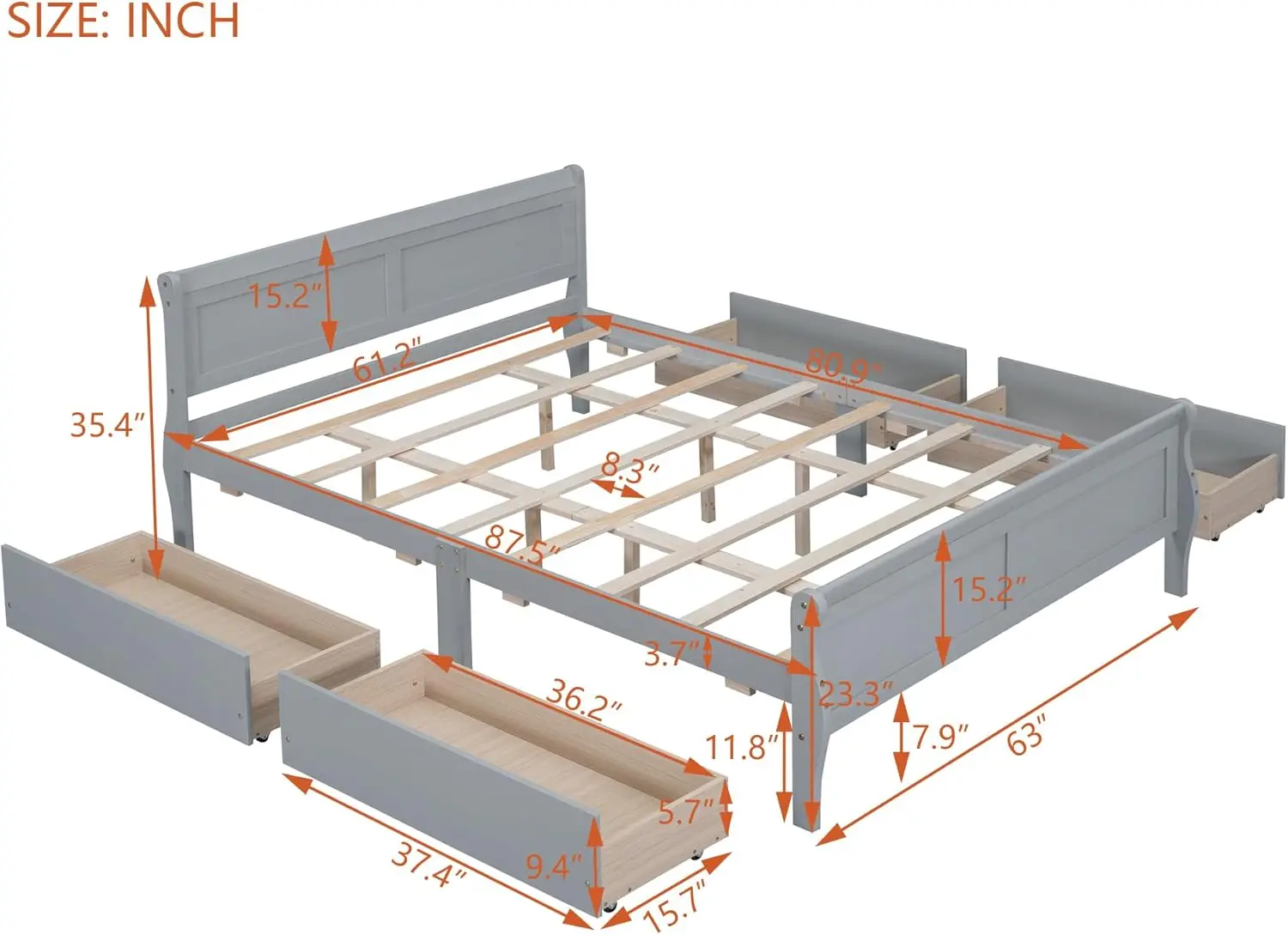 Queen Size Wood Platform Bed With 4 Drawers And Streamlined Headboard & Footboard,Gray,Beds, Frames & Bases 71.65Lbs,3676