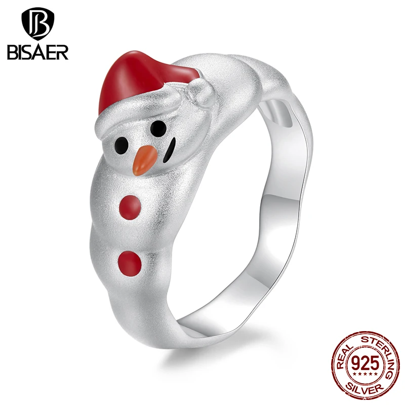 

BISAER 925 Sterling Silver Christmas Snowma Ring Enamel Process Band Plated White Gold for Women Party Fine Jewelry Holiday Gift