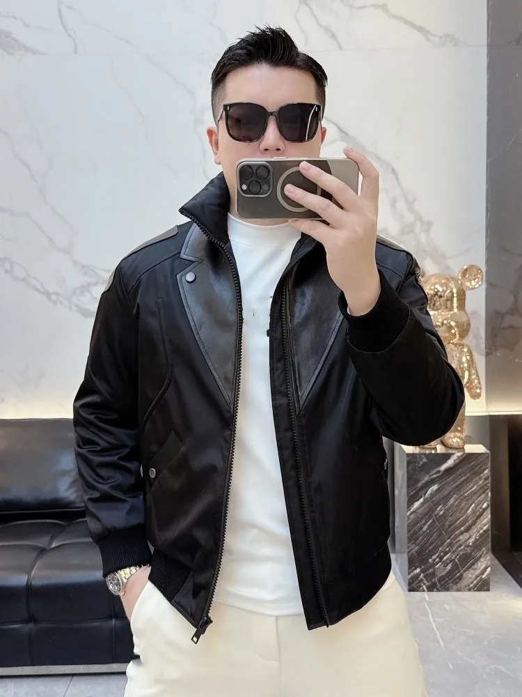 Fashion Genuine Leather Patchwork Down Coat Male Stand Collar Slim Fit Warm Casual Jacket Winter High Street Mens Outerwear New