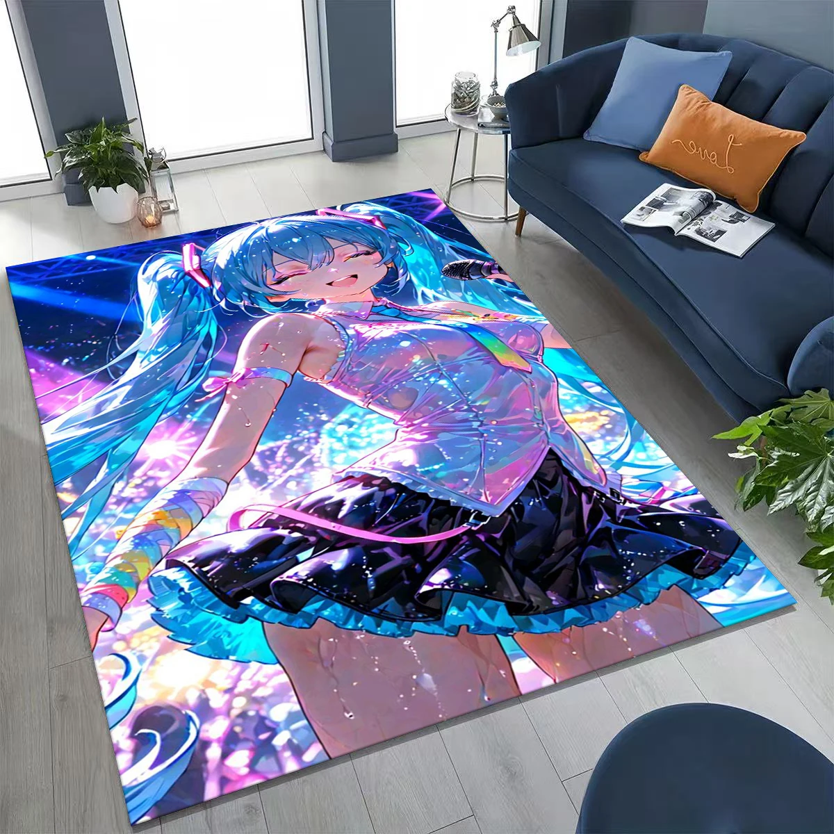 3D Music Girl M-MIKU Cute Cartoon Carpet Rug for Bedroom Living Room Sofa Home Doormat Decor, Large Kid Non-slip Floor Mat Gift