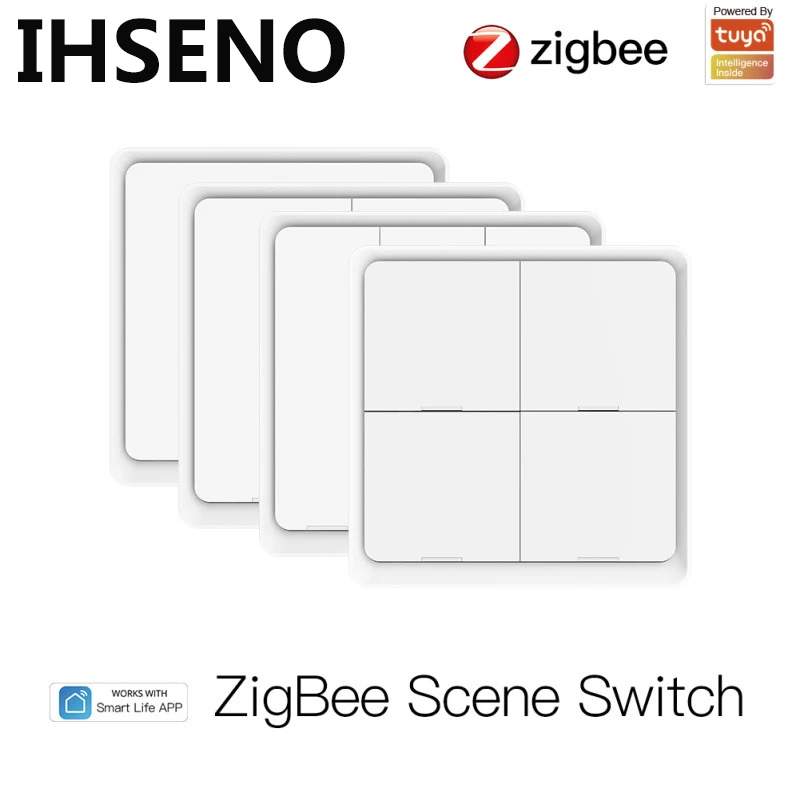 IHSENO 4 Gang Tuya ZigBee Wireless 12 Scene Switch Push Button Controller Battery Powered Automation Scenario for Tuya Devices