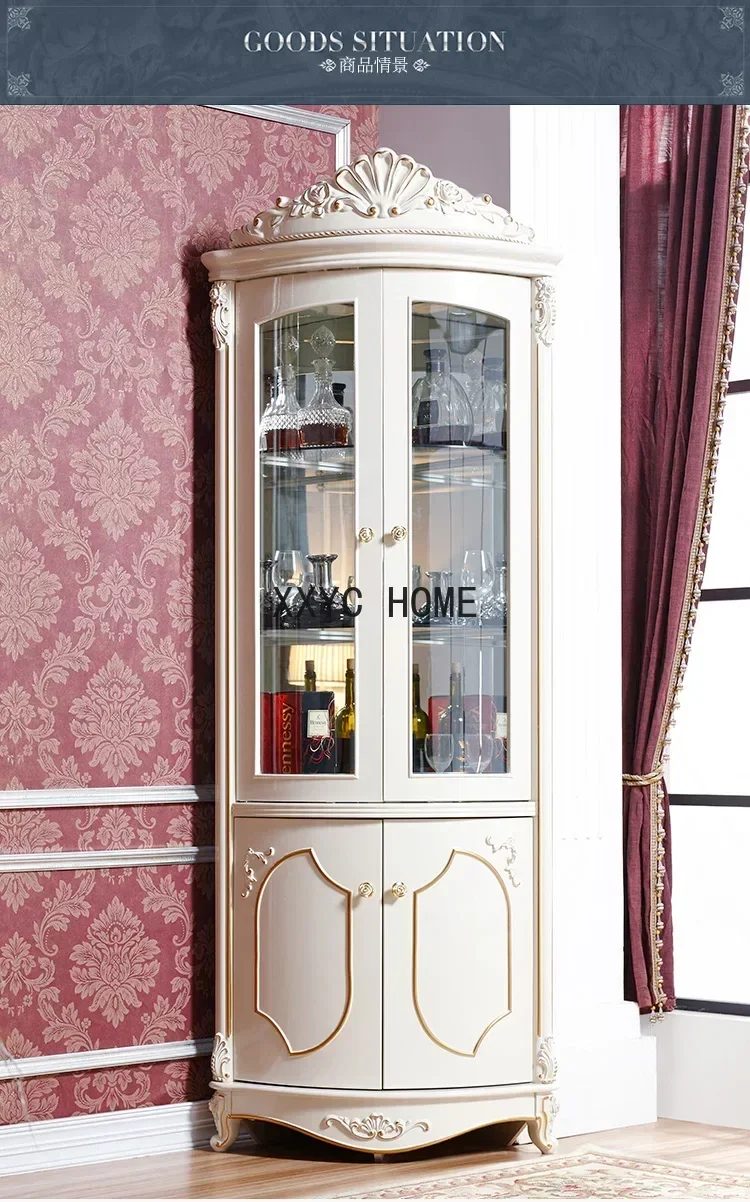 European Style Wine Cabinet White Corner Cabinet Triangle Cabinet Living Room Solid Wood Fan-Shaped Multifunctional Storage Rack