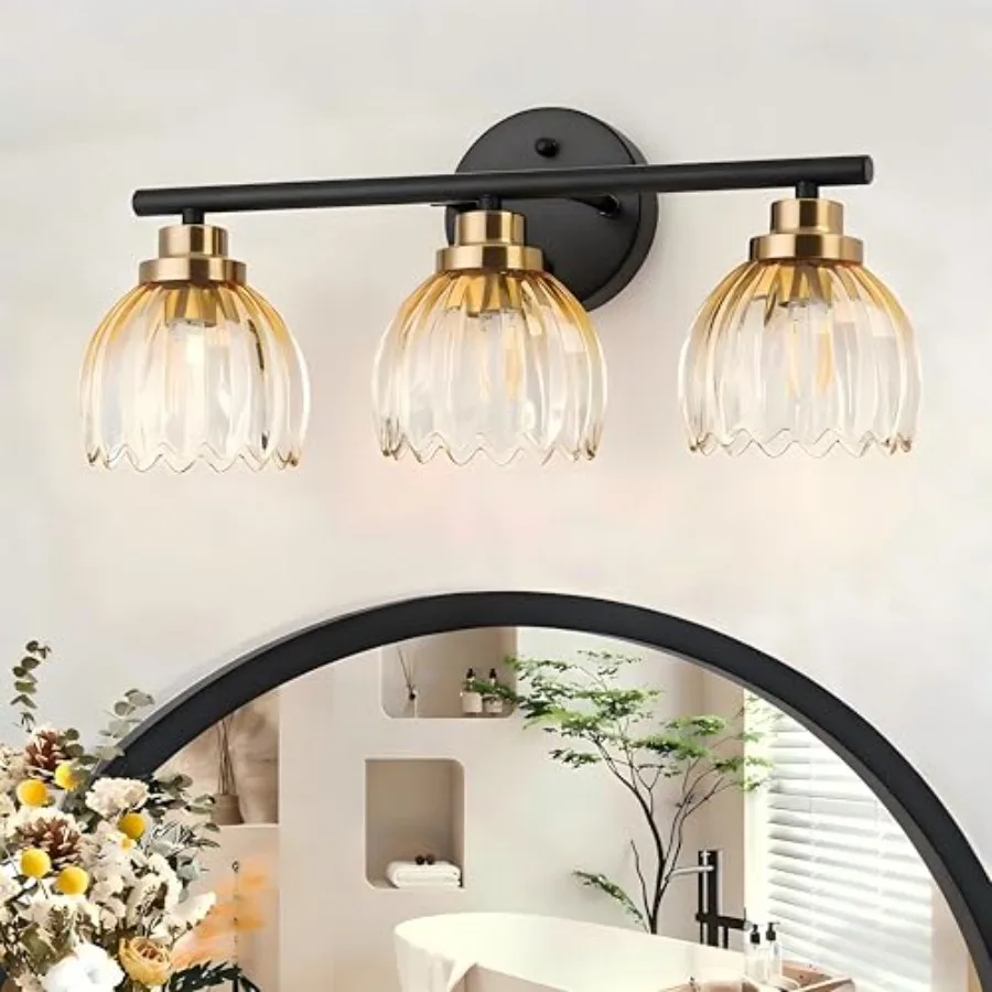 

Bathroom Vanity Light Fixtures, Modern Black and Gold Wall Lights Over Mirror with Gradient Tulip Glass Shades Bathroom Wall La