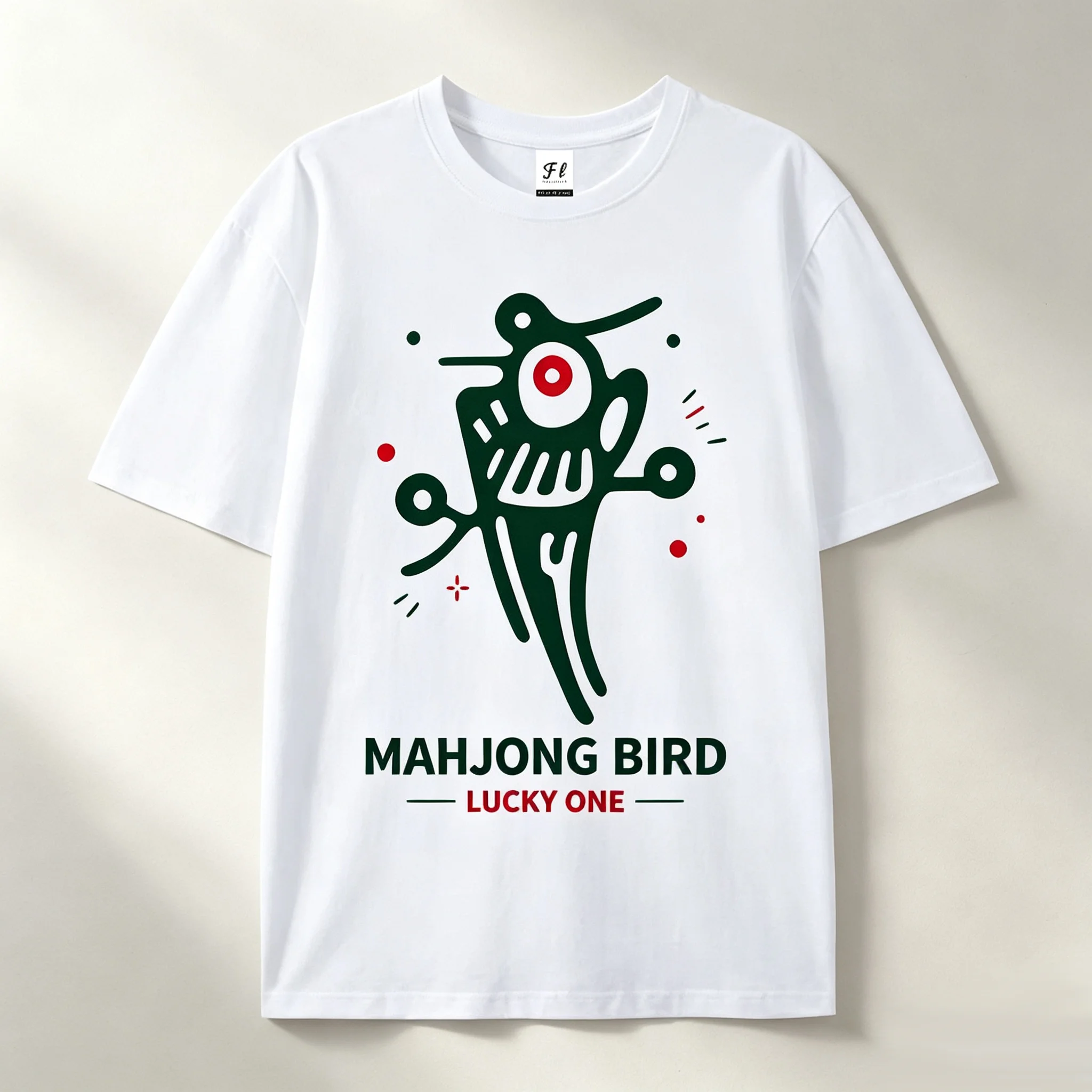 Mahjong Bird Lucky Graphic T‑Shirt Women Retro Chinese Style Print O‑Neck Short Sleeve Casual Streetwear Tee
