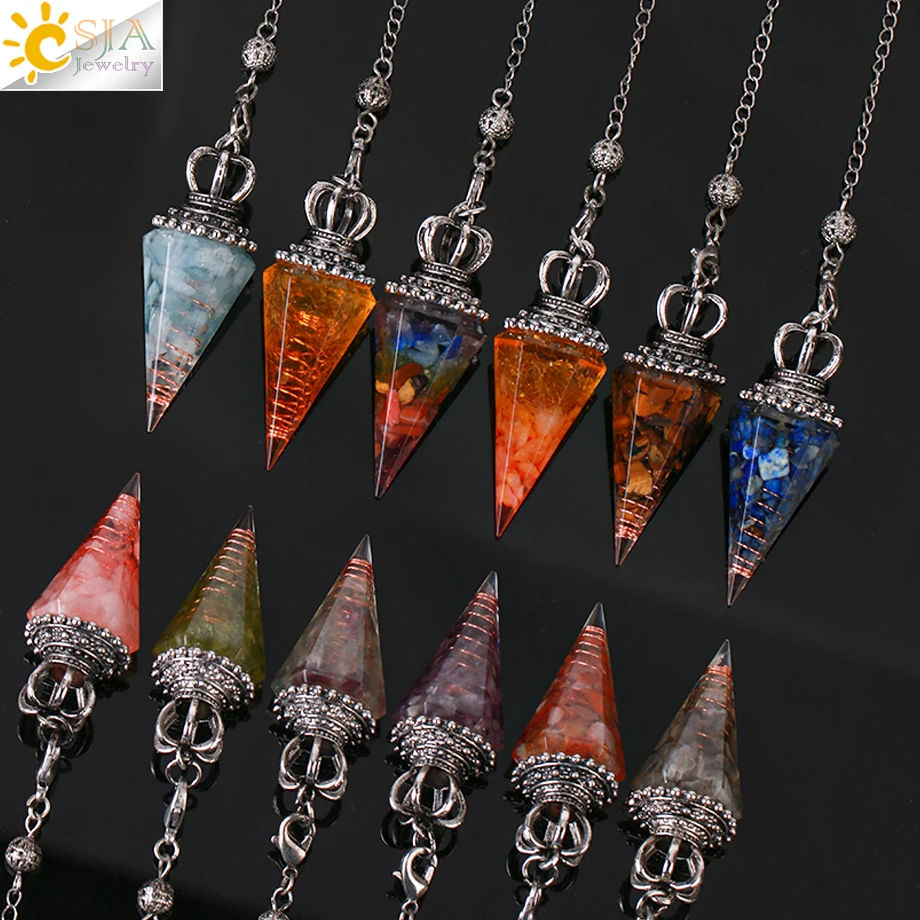 CSJA Reiki Crystal Pendulum Natural Chips Hexagonal Cone Pendant Pendule Quartz Chakras Amulet Pendulum Divination Balance S976