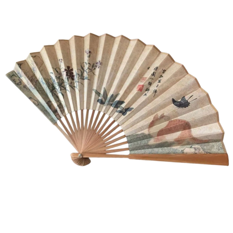 Double Side Retro Style Folding Fan 8 Inch Flower Bird Cat Butterfly Pattern Silk Cloth Bamboo for Women Hanfu Daily Use Summer