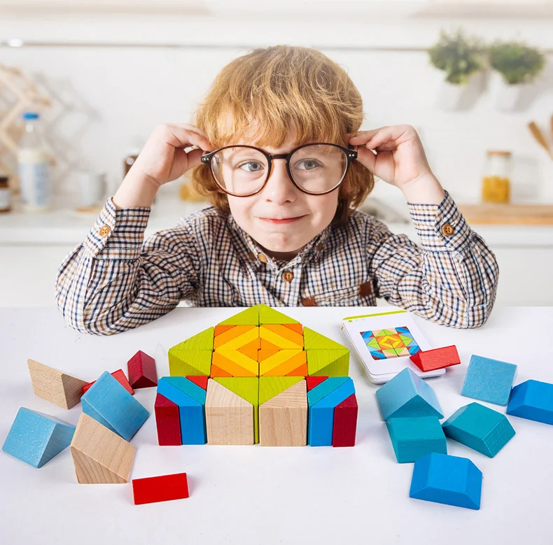 3D Houten Regenboog Blok Game Geometrische Kleur Cognitieve Educatief Monteren Bouwsteen Speelgoed Voor Kinderen Voorschoolse Vroeg Leren