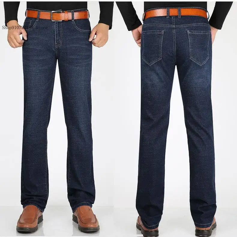 Trendy Autumn Winter Men Fleece-Lined Jeans High-Waisted Stretch Straight-Leg Casual Commuter Denim Pants