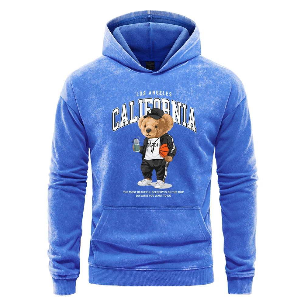 Basketball California Bear Cartoons Print Men Washed Hoody Autumn Loose Streetwear Fashion Cotton Hoody Soft All-Match Menwear