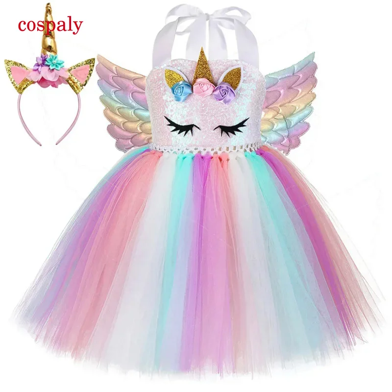 Pastel Sequins Girls Unicorn Dress With Wings Headband Outfit Toddler Baby Girl Unicorns Costumes For Halloween Birthday Dresses