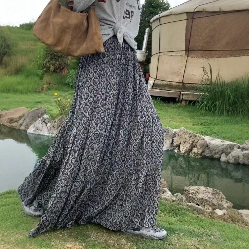 Spring Summer Vintage Bohemian Style Printed A-Line Maxi Skirt Korean Fashion Loose Casual Boho High Waist Long Skirts for Women