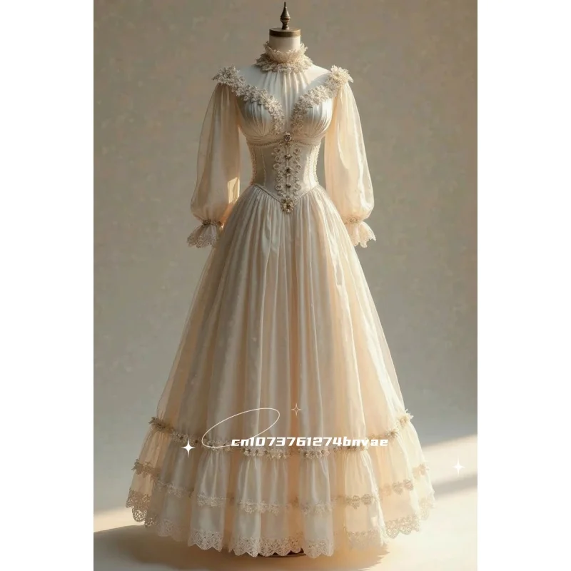 Viktorianisches Vintage-Hochzeitskleid mit hohem Kragen und langen Ärmeln, A-Linie, bodenlanges Brautkleid, Spitzenapplikationen, Perlen, individuell gestaltet